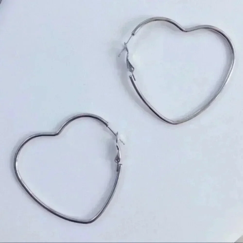 Silver Stainless Steel Large Heart Shaped Hoop Earrings NWT